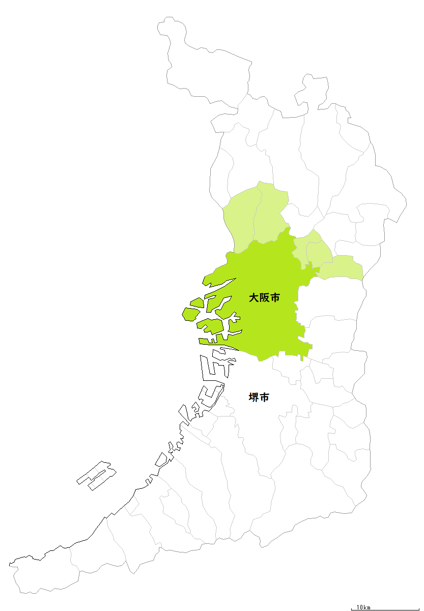 大阪市を福岡市とほゞ同じ広さにした地図
