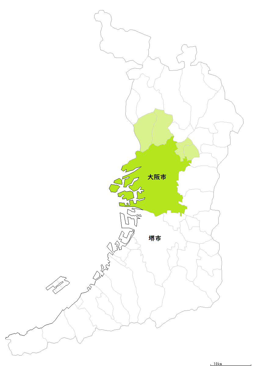 大阪市を名古屋市とほゞ同じ広さにした地図