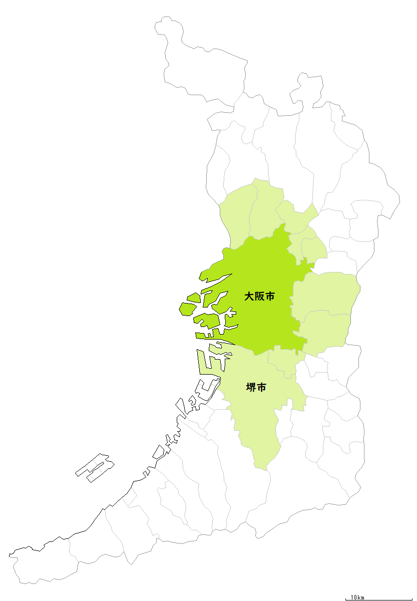 大阪市を東京23区とほゞ同じ広さにした地図