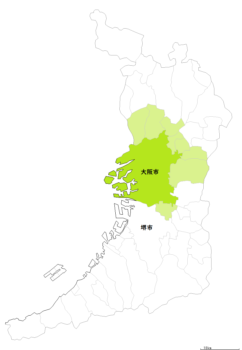 大阪市を横浜市とほゞ同じ広さにした地図